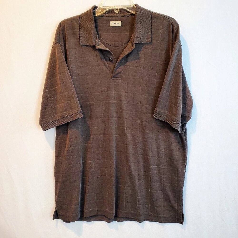 IZOD Men's Shirt Polo Golf LG Tall Sporty Charcoal Stretch Check Business Casual
